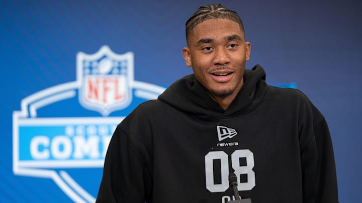 Feb 27, 2026; Indianapolis, IN, USA; Arkansas quarterback Taylen Green (QB08) speaks to members of the media during the NFL Combine at the Indiana Convention Center. Mandatory Credit: Jacob Musselman-Imagn Images