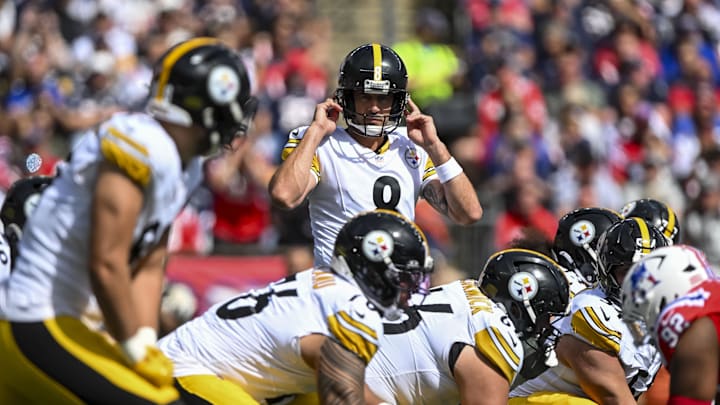 Sep 21, 2025; Foxborough, Massachusetts, USA; Pittsburgh Steelers quarterback Aaron Rodgers (8) signals before a play during the first quarter at Gillette Stadium. Mandatory Credit: Brian Fluharty-Imagn Images