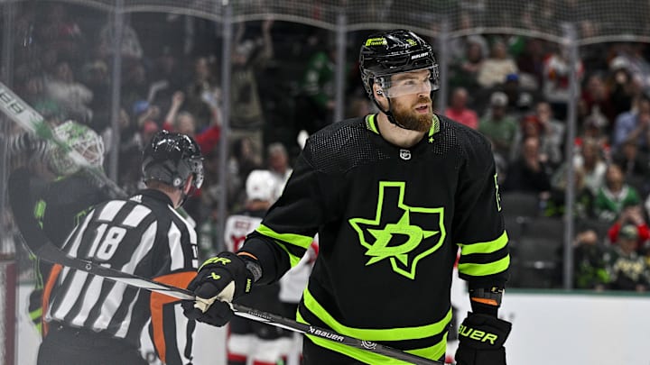 Mar 14, 2024; Dallas, Texas, USA; Dallas Stars defenseman Jani Hakanpaa (2) skates off the ice after the Stars give up a sixth goal to the New Jersey Devils during the game at the American Airlines Center. Mandatory Credit: Jerome Miron-USA TODAY Sports