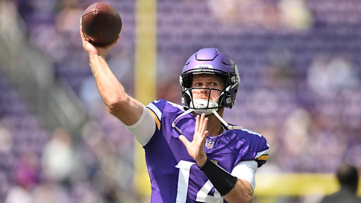 Aug 10, 2024; Minneapolis, Minnesota, USA; Minnesota Vikings quarterback Sam Darnold (14) warms up before the game against the Las Vegas Raiders at U.S. Bank Stadium. Mandatory Credit: Jeffrey Becker-Imagn Images Aug 10, 2024; Minneapolis, Minnesota, USA; Minnesota Vikings quarterback Sam Darnold (14) warms up before the game against the Las Vegas Raiders at U.S. Bank Stadium. Mandatory Credit: Jeffrey Becker-Imagn Images