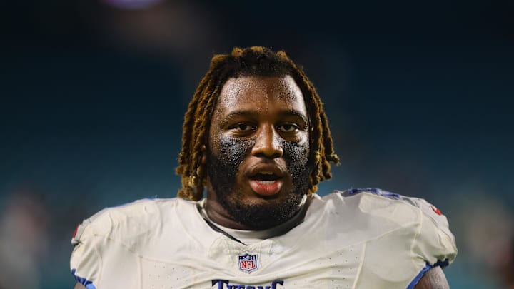 Tennessee Titans offensive tackle JC Latham looks on after the game against the Miami Dolphins at Hard Rock Stadium. Mandatory Credit: Sam Navarro-Imagn Images Tennessee Titans offensive tackle JC Latham looks on after the game against the Miami Dolphins at Hard Rock Stadium. Mandatory Credit: Sam Navarro-Imagn Images