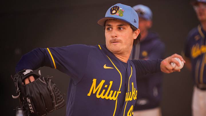 Feb 13, 2026; Phoenix, AZ, USA; Milwaukee Brewers pitcher Thomas Pannone (45) pitches at workouts in Phoenix, Arizona. Mandatory Credit: Arianna Grainey-Imagn Images Feb 13, 2026; Phoenix, AZ, USA; Milwaukee Brewers pitcher Thomas Pannone (45) pitches at workouts in Phoenix, Arizona. Mandatory Credit: Arianna Grainey-Imagn Images
