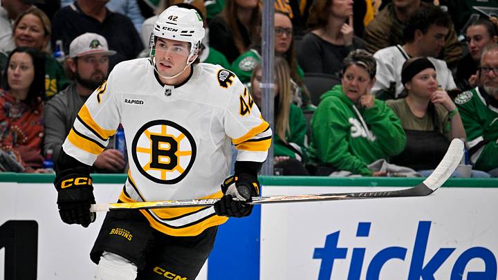 Oct 20, 2026; Dallas, Texas, USA; Boston Bruins defenseman Frederic Brunet (42) skates against the Dallas Stars during the third period at the American Airlines Center. Mandatory Credit: Jerome Miron-Imagn Images