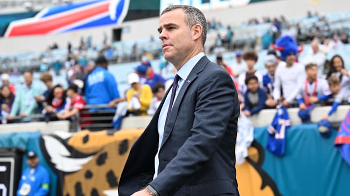 Jan 11, 2026; Jacksonville, FL, USA; Buffalo Bills general manager Brandon Beane before an an AFC Wild Card Round game against the Jacksonville Jaguars at EverBank Stadium.