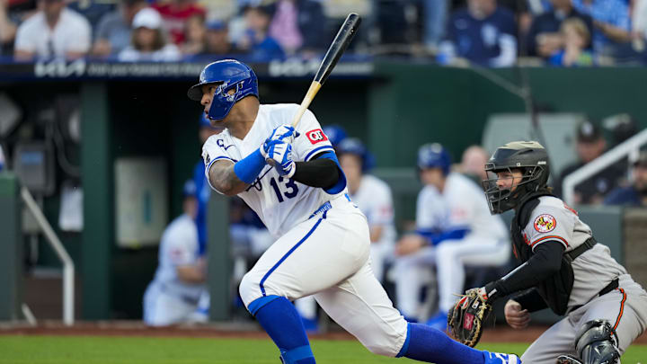 Apr 21, 2026; Kansas City, Missouri, USA; Kansas City Royals catcher Salvador Perez (13) bats during the second inning against the Baltimore Orioles at Kauffman Stadium. Mandatory Credit: Jay Biggerstaff-Imagn Images