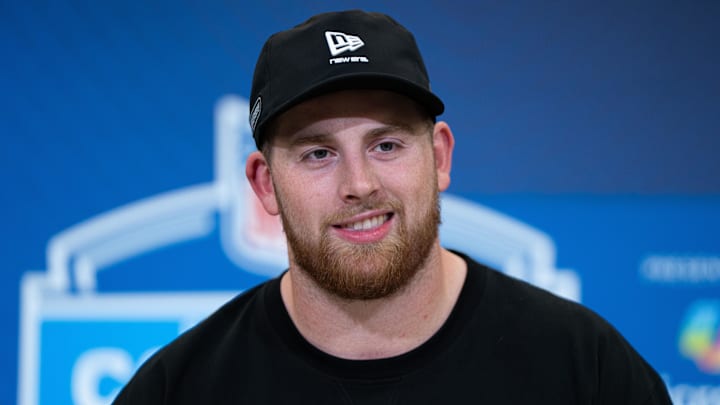Feb 28, 2026; Indianapolis, IN, USA; Washington offensive lineman Carver Willis (OL54) speaks to members of the media during the NFL Combine at the Indiana Convention Center. Mandatory Credit: Jacob Musselman-Imagn Images