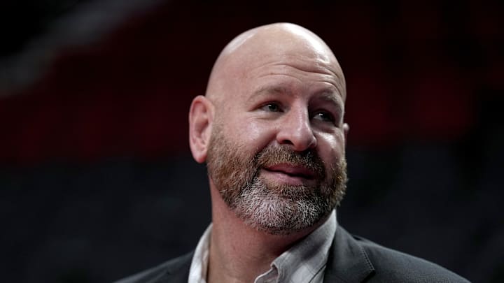 Nov 3, 2023; Portland, Oregon, USA; Portland Trail Blazers general manager Joe Cronin looks on before the game against the Memphis Grizzlies at Moda Center. Mandatory Credit: Soobum Im-Imagn Images