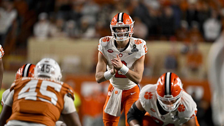 Dec 21, 2024; Austin, Texas, USA; Clemson Tigers quarterback Cade Klubnik (2) in action during the game between the Texas Longhorns and the Clemson Tigers in the CFP National Playoff First Round at Darrell K Royal-Texas Memorial Stadium. Mandatory Credit: Jerome Miron-Imagn Images