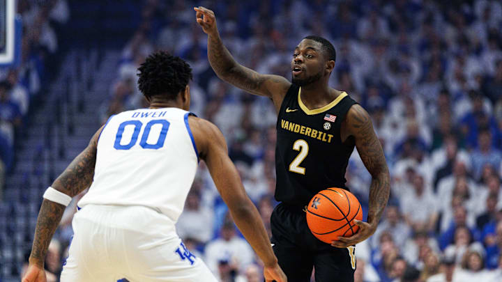 Feb 28, 2026; Lexington, Kentucky, USA; Vanderbilt Commodores guard Duke Miles (2) directs his teammates during the second half against the Kentucky Wildcats at Rupp Arena at Central Bank Center. Mandatory Credit: Jordan Prather-Imagn Images