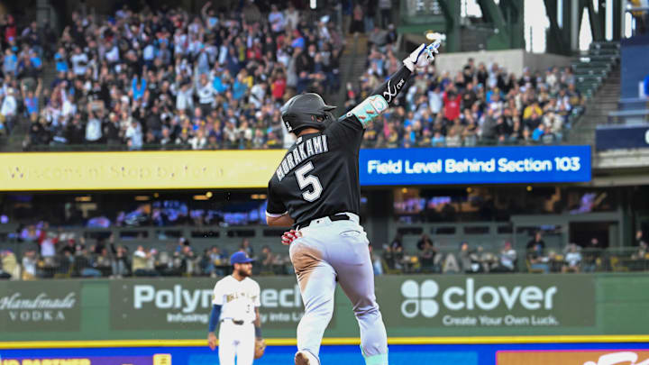 Mar 29, 2026; Milwaukee, Wisconsin, USA;  Chicago White Sox first baseman Munetaka Murakami (5) reacts after hitting a solo home run in the second inning against the Milwaukee Brewers at American Family Field. Mandatory Credit: Benny Sieu-Imagn Images