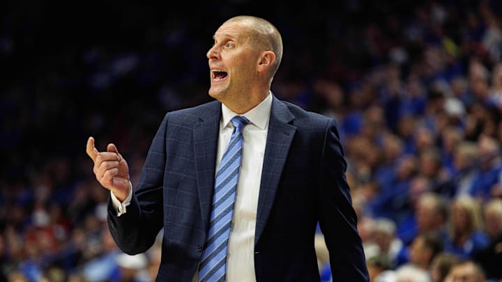 Nov 26, 2024; Lexington, Kentucky, USA; Kentucky Wildcats head coach Mark Pope yells to his players during the second half against the Western Kentucky Hilltoppers at Rupp Arena at Central Bank Center. Mandatory Credit: Jordan Prather-Imagn Images Nov 26, 2024; Lexington, Kentucky, USA; Kentucky Wildcats head coach Mark Pope yells to his players during the second half against the Western Kentucky Hilltoppers at Rupp Arena at Central Bank Center. Mandatory Credit: Jordan Prather-Imagn Images