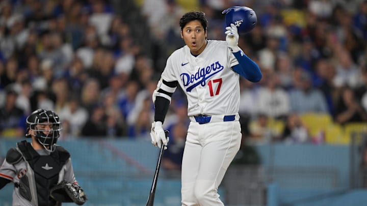 May 11, 2026; Los Angeles, California, USA; Los Angeles Dodgers two-way player Shohei Ohtani (17) reacts after a foul in the sixth inning against the San Francisco Giants at Dodger Stadium. Mandatory Credit: Jayne Kamin-Oncea-Imagn Images May 11, 2026; Los Angeles, California, USA; Los Angeles Dodgers two-way player Shohei Ohtani (17) reacts after a foul in the sixth inning against the San Francisco Giants at Dodger Stadium. Mandatory Credit: Jayne Kamin-Oncea-Imagn Images
