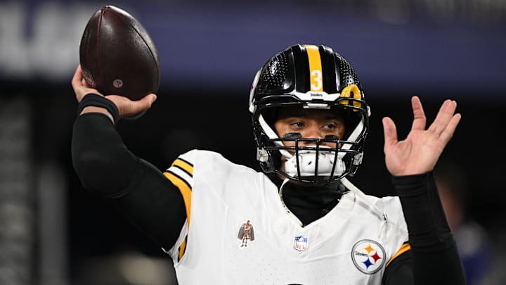 Jan 11, 2025; Baltimore, Maryland, USA; Pittsburgh Steelers quarterback Russell Wilson (3) warms up before an AFC wild card game against the Baltimore Ravens at M&T Bank Stadium.  