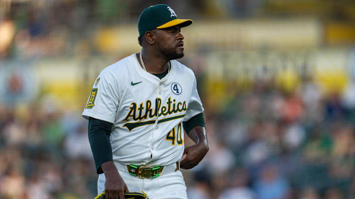 Jun 2, 2025; West Sacramento, California, USA; Athletics starting pitcher Luis Severino (40) returns to the dugout after the third out in the second inning against the Minnesota Twins at Sutter Health Park. Mandatory Credit: Neville E. Guard-Imagn Images