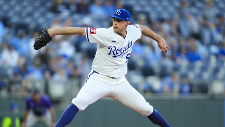 Apr 22, 2025; Kansas City, Missouri, USA; Kansas City Royals starting pitcher Kris Bubic (50) pitches during the first inning against the Colorado Rockies at Kauffman Stadium. Mandatory Credit: Jay Biggerstaff-Imagn Images