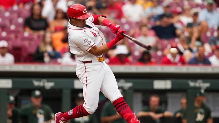 Aug 5, 2026; Cincinnati, Ohio, USA; Cincinnati Reds outfielder Noelvi Marte singles against the Athletics in the second inning at Great American Ball Park. Mandatory Credit: Aaron Doster-Imagn Images Aug 5, 2026; Cincinnati, Ohio, USA; Cincinnati Reds outfielder Noelvi Marte singles against the Athletics in the second inning at Great American Ball Park. Mandatory Credit: Aaron Doster-Imagn Images