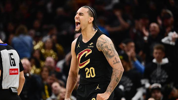 May 3, 2026; Cleveland, Ohio, USA; Cleveland Cavaliers guard Jaylon Tyson (20) reacts after a play against the Toronto Raptors during the second half of game seven in the first round of the 2026 NBA Playoffs at Rocket Arena. Mandatory Credit: Ken Blaze-Imagn Images