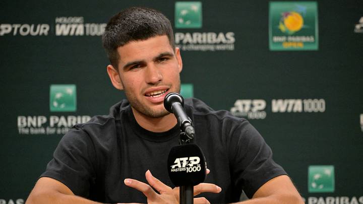 Mar 4, 2025; Indian Wells, CA, USA; Carlos Alcaraz talks to the media during a news conference during the BNP Paribas Open at the Indian Well Tennis Garden. Mandatory Credit: Jayne Kamin-Oncea-Imagn Images Mar 4, 2025; Indian Wells, CA, USA; Carlos Alcaraz talks to the media during a news conference during the BNP Paribas Open at the Indian Well Tennis Garden. Mandatory Credit: Jayne Kamin-Oncea-Imagn Images