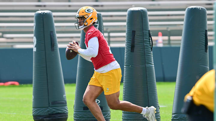 Green Bay Packers quarterback Jordan Love (10) participates in the team's minicamp at Ray Nitschke Field. 