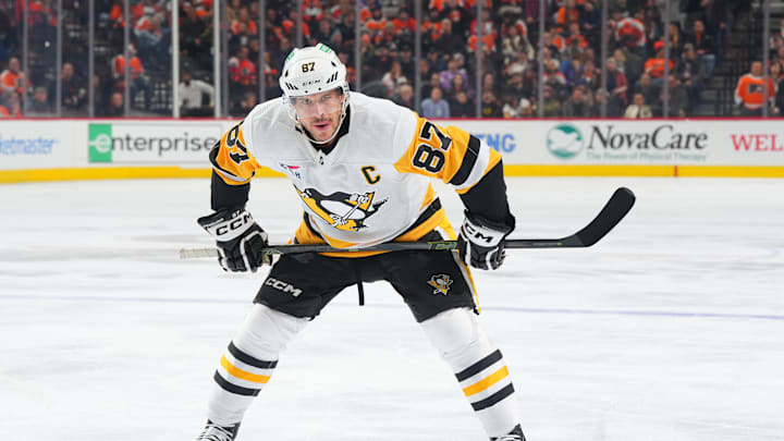 Sidney Crosby lines up for a face off in a game between the Pittsburgh Penguins and Philadelphia Flyers at Wells Fargo Center.