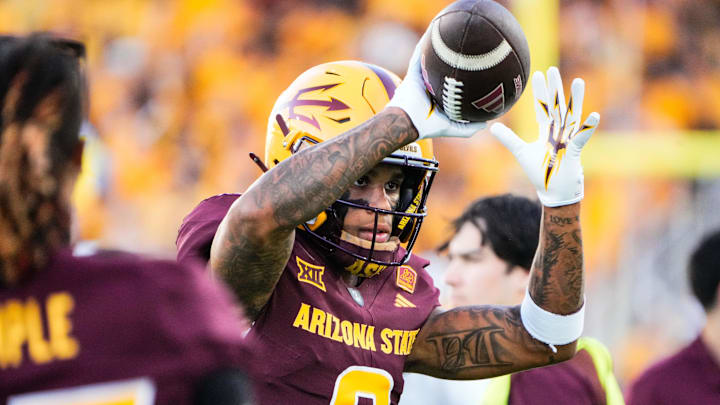 Aug 30, 2025; Tempe, Arizona, USA; Arizona State Sun Devils wide receiver Jordyn Tyson (0) warms up before the game against Northern Arizona Lumberjacks at Mountain America Stadium, Home of the ASU Sun Devils. Mandatory Credit: Arianna Grainey-Imagn Images
