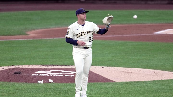 Milwaukee Brewers pitcher Tobias Myers (36) is shown after striking out a batter during the third inning of their game against the Houston Astros Monday, May 5, 2025 at American Family Field in Milwaukee, Wisconsin. Milwaukee Brewers pitcher Tobias Myers (36) is shown after striking out a batter during the third inning of their game against the Houston Astros Monday, May 5, 2025 at American Family Field in Milwaukee, Wisconsin.