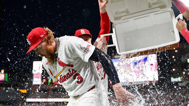 Jun 15, 2026; St. Louis, Missouri, USA; St. Louis Cardinals starting pitcher Dustin May (3) is doused with water by center fielder Nathan Church (27) and shortstop Masyn Winn (0) after throwing a complete game one hitter against the San Diego Padres at Busch Stadium. Mandatory Credit: Jeff Curry-Imagn Images Jun 15, 2026; St. Louis, Missouri, USA; St. Louis Cardinals starting pitcher Dustin May (3) is doused with water by center fielder Nathan Church (27) and shortstop Masyn Winn (0) after throwing a complete game one hitter against the San Diego Padres at Busch Stadium. Mandatory Credit: Jeff Curry-Imagn Images