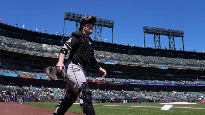 Apr 20, 2024; San Francisco, California, USA; Arizona Diamondbacks catcher Tucker Barnhart (16) walks on the field before the game against the San Francisco Giants at Oracle Park. Mandatory Credit: Darren Yamashita-USA TODAY Sports