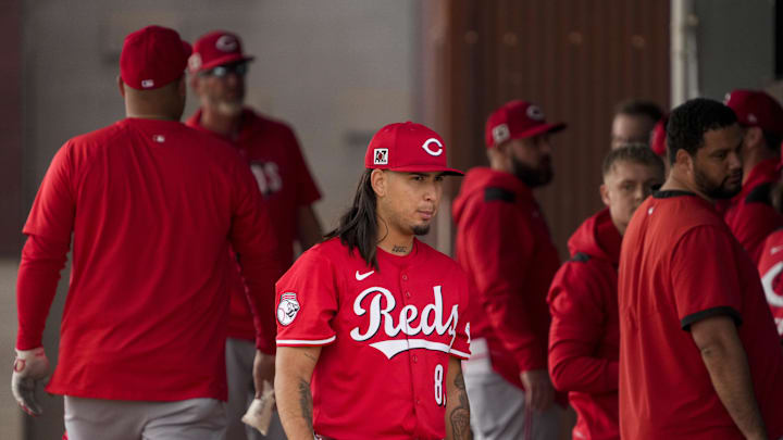 Cincinnati Reds pitcher Jose Acuna (83) walks between stations at the Cincinnati Reds Player Development Complex in Goodyear, Ariz., on  Wednesday, Feb. 12, 2025. Mandatory Credit: Sam Greene/USA TODAY NETWORK via Imagn Images