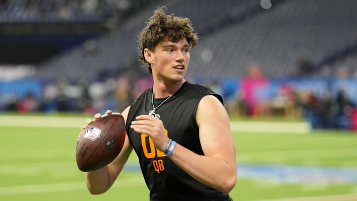 Feb 28, 2026; Indianapolis, IN, USA; Penn State quarterback Drew Allar (QB02) during the NFL Scouting Combine at Lucas Oil Stadium. Mandatory Credit: Kirby Lee-Imagn Images