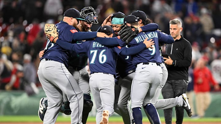 The Seattle Mariners react after defeating the Boston Red Sox at Fenway Park on April 23.