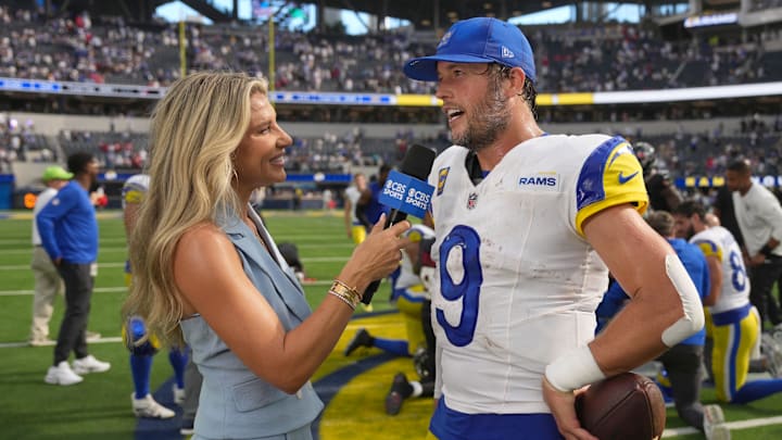 Sep 7, 2025; Inglewood, California, USA; CBS Sports sideline reporter Melanie Collins (left) interviews Los Angeles Rams quarterback Matthew Stafford (9) after the game against the Houston Texans at SoFi Stadium. Mandatory Credit: Kirby Lee-Imagn Images Sep 7, 2025; Inglewood, California, USA; CBS Sports sideline reporter Melanie Collins (left) interviews Los Angeles Rams quarterback Matthew Stafford (9) after the game against the Houston Texans at SoFi Stadium. Mandatory Credit: Kirby Lee-Imagn Images