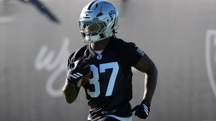 Las Vegas Raiders running back Roman Hemby carries the ball during minicamp.