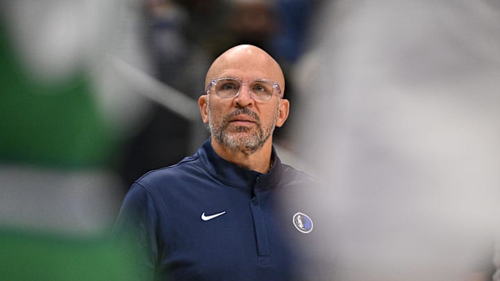 Nov 12, 2025; Dallas, Texas, USA; Dallas Mavericks head coach Jason Kidd looks on during the first quarter against the Phoenix Suns at the American Airlines Center. Mandatory Credit: Jerome Miron-Imagn Images