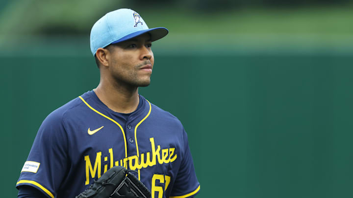 Sep 6, 2025; Pittsburgh, Pennsylvania, USA;  Milwaukee Brewers pitcher Jose Quintana (62) looks on before the game against the Pittsburgh Pirates at PNC Park. Mandatory Credit: Charles LeClaire-Imagn Images
