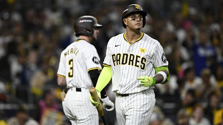Oct 9, 2024; San Diego, California, USA; San Diego Padres third baseman Manny Machado (13) reacts after striking out in the fourth inning against the Los Angeles Dodgers during game four of the NLDS for the 2024 MLB Playoffs at Petco Park.  Mandatory Credit: Denis Poroy-Imagn Images