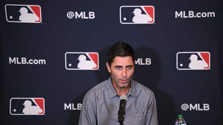 Dec 5, 2022; San Diego, CA, USA; San Diego Padres president of baseball operations and general manager A.J. Preller speaks to the media at Manchester Grand Hyatt. Mandatory Credit: Orlando Ramirez-Imagn Images