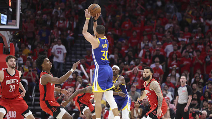 Apr 20, 2025; Houston, Texas, USA; Golden State Warriors guard Stephen Curry (30) shoots the ball during the fourth quarter against the Houston Rockets at Toyota Center. Mandatory Credit: Troy Taormina-Imagn Images