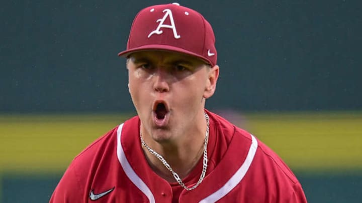 Arkansas pitcher Will McEntire celebrates a strikeout against Louisiana Tech. Arkansas pitcher Will McEntire celebrates a strikeout against Louisiana Tech.