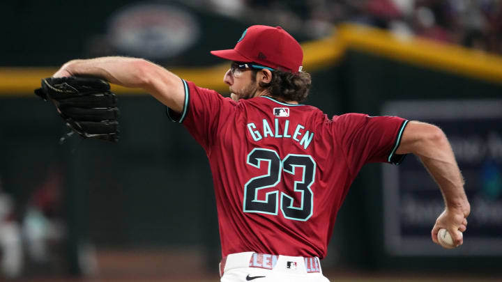 Jul 14, 2024; Phoenix, Arizona, USA; Arizona Diamondbacks pitcher Zac Gallen (23) pitches against the Toronto Blue Jays during the first inning at Chase Field. Mandatory Credit: Joe Camporeale-USA TODAY Sports