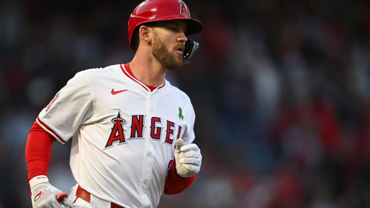 May 25, 2024; Anaheim, California, USA; Los Angeles Angels outfielder Taylor Ward (3) hits a three-run home run against the Cleveland Guardians during the third inning at Angel Stadium