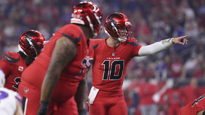 Nov 20, 2025; Houston, Texas, USA; Houston Texans quarterback Davis Mills (10) calls a play at the line of scrimmage during the game against the Buffalo Bills at NRG Stadium. Mandatory Credit: Troy Taormina-Imagn Images