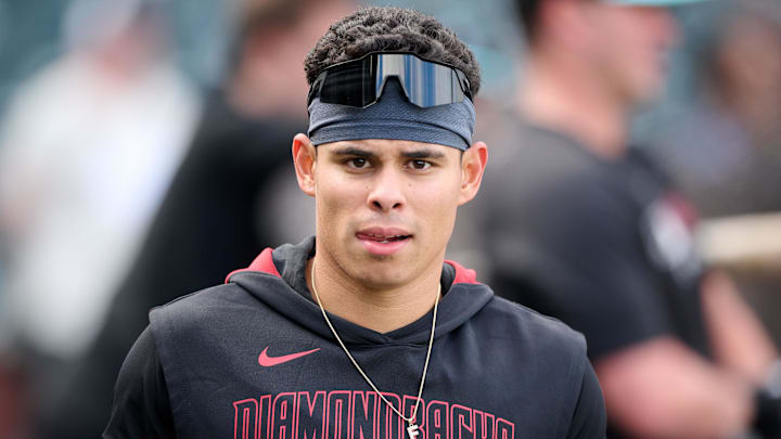 Sep 9, 2025; San Francisco, California, USA; Arizona Diamondbacks outfielder Jorge Barrosa (1) walks on the field before the game against the San Francisco Giants at Oracle Park. Mandatory Credit: Robert Edwards-Imagn Images