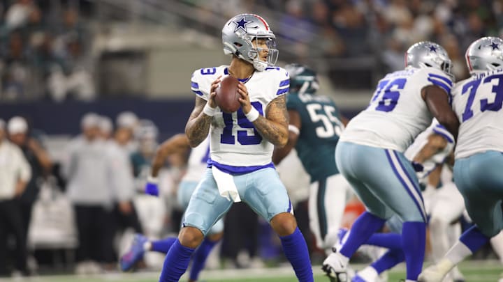 Nov 10, 2024; Arlington, Texas, USA; Dallas Cowboys quarterback Trey Lance (19) throws a pass against the Philadelphia Eagles in the fourth quarter at AT&T Stadium. Mandatory Credit: Tim Heitman-Imagn Images