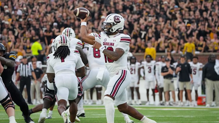 Sep 20, 2025; Columbia, Missouri, USA; South Carolina Gamecocks quarterback LaNorris Sellers (16) throws a pass against the Missouri Tigers during the first half of the game at Faurot Field at Memorial Stadium. Mandatory Credit: Denny Medley-Imagn Images Sep 20, 2025; Columbia, Missouri, USA; South Carolina Gamecocks quarterback LaNorris Sellers (16) throws a pass against the Missouri Tigers during the first half of the game at Faurot Field at Memorial Stadium. Mandatory Credit: Denny Medley-Imagn Images