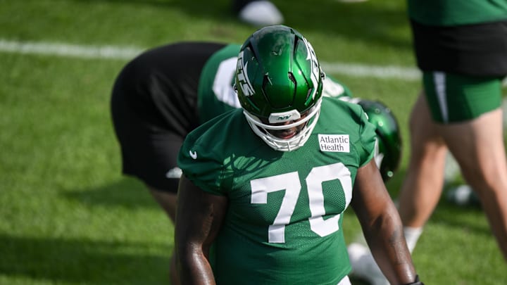 Jul 23, 2025; Florham Park, NY, USA; New York Jets offensive tackle Armand Membou (70) participates in a drill during training camp at Atlantic Health Jets Training Center. Mandatory Credit: John Jones-Imagn Images