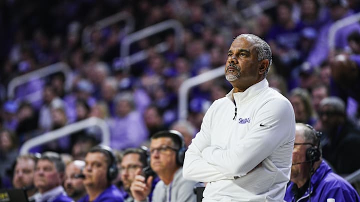 Dec 30, 2024; Manhattan, Kansas, USA; Kansas State Wildcats head coach Jerome Tang reacts during the second half against the Cincinnati Bearcats at Bramlage Coliseum. Mandatory Credit: Jay Biggerstaff-Imagn Images