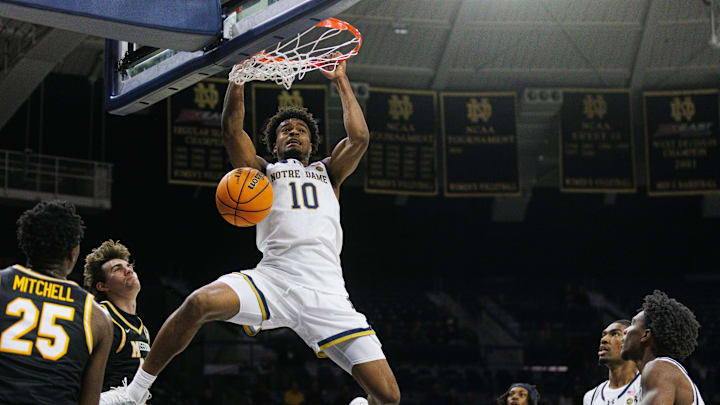 Notre Dame guard Jalen Haralson (10) dunks the ball during a NCAA men's basketball game against Missouri at Purcell Pavilion on Tuesday, Dec. 2, 2025, in South Bend.