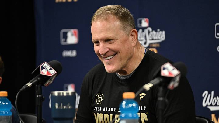 Oct 28, 2026; St. Petersburg, Florida, USA;  Milwaukee Brewers manager Pat Murphy (00) speaks to the media after defeating the Tampa Bay Rays in game five of the 2026 World Series at Tropicana Field.  Mandatory Credit: Jonathan Dyer-Imagn Images