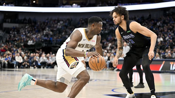 Jan 15, 2024; Dallas, Texas, USA; New Orleans Pelicans forward Zion Williamson (1) and Dallas Mavericks center Dereck Lively II (2) in action during the game between the Dallas Mavericks and the New Orleans Pelicans at the American Airlines Center. Mandatory Credit: Jerome Miron-Imagn Images Jan 15, 2024; Dallas, Texas, USA; New Orleans Pelicans forward Zion Williamson (1) and Dallas Mavericks center Dereck Lively II (2) in action during the game between the Dallas Mavericks and the New Orleans Pelicans at the American Airlines Center. Mandatory Credit: Jerome Miron-Imagn Images